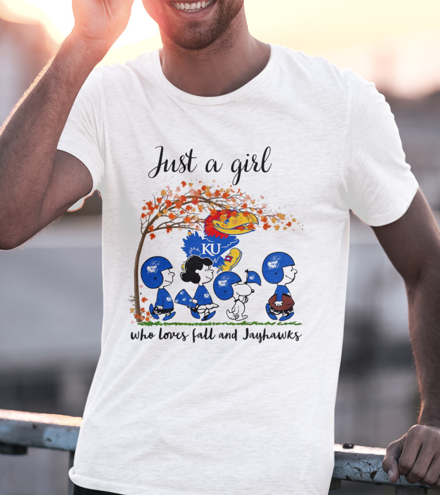 Just A Girl Who Loves Fall And Jayhawks Peanuts Cartoon Halloween KU T-Shirt