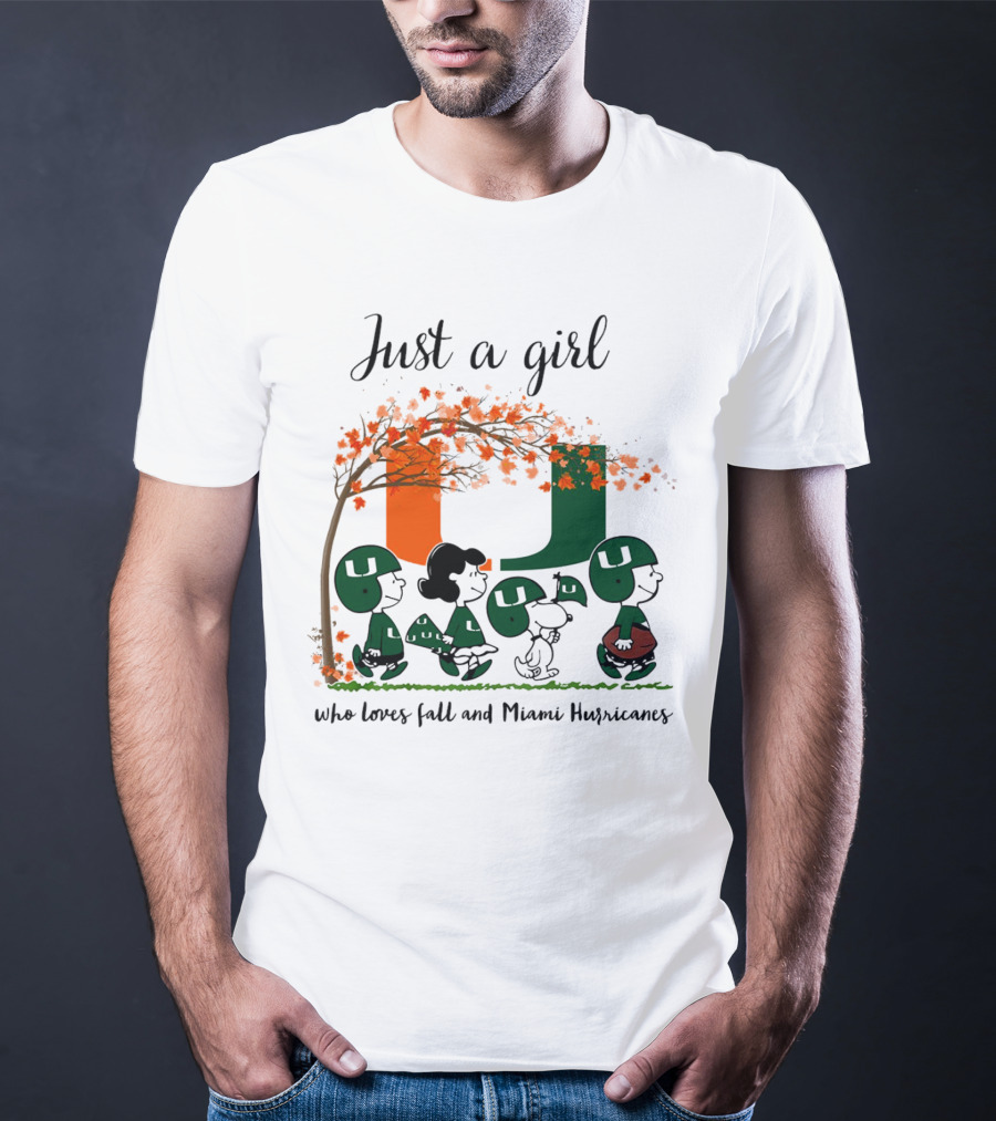 Just A Girl Who Loves Fall And Miami Hurricanes Peanuts Cartoon T-Shirt
