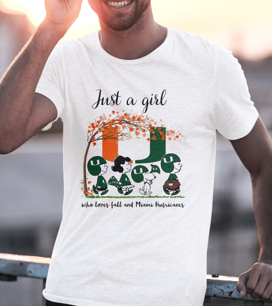 Just A Girl Who Loves Fall And Miami Hurricanes Peanuts Cartoon T-Shirt