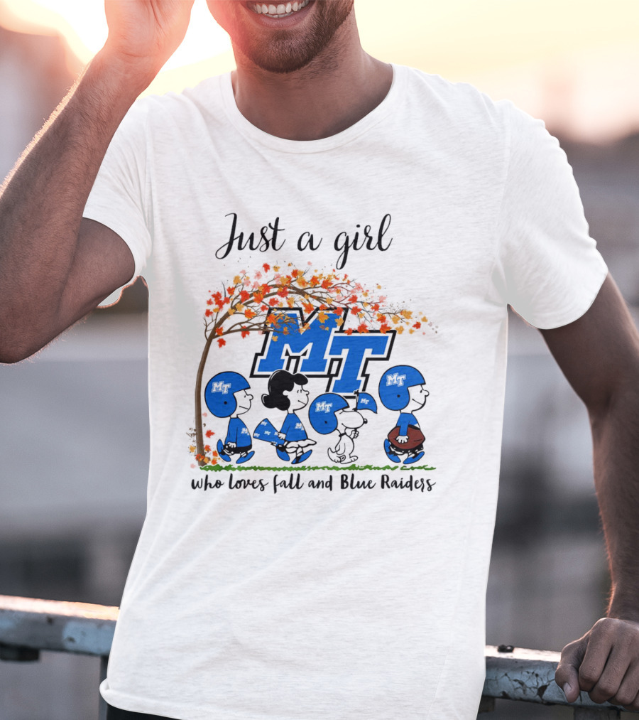 Just A Girl Who Loves Fall And Middle Tennessee Blue Raiders Peanuts Cartoon T-Shirt
