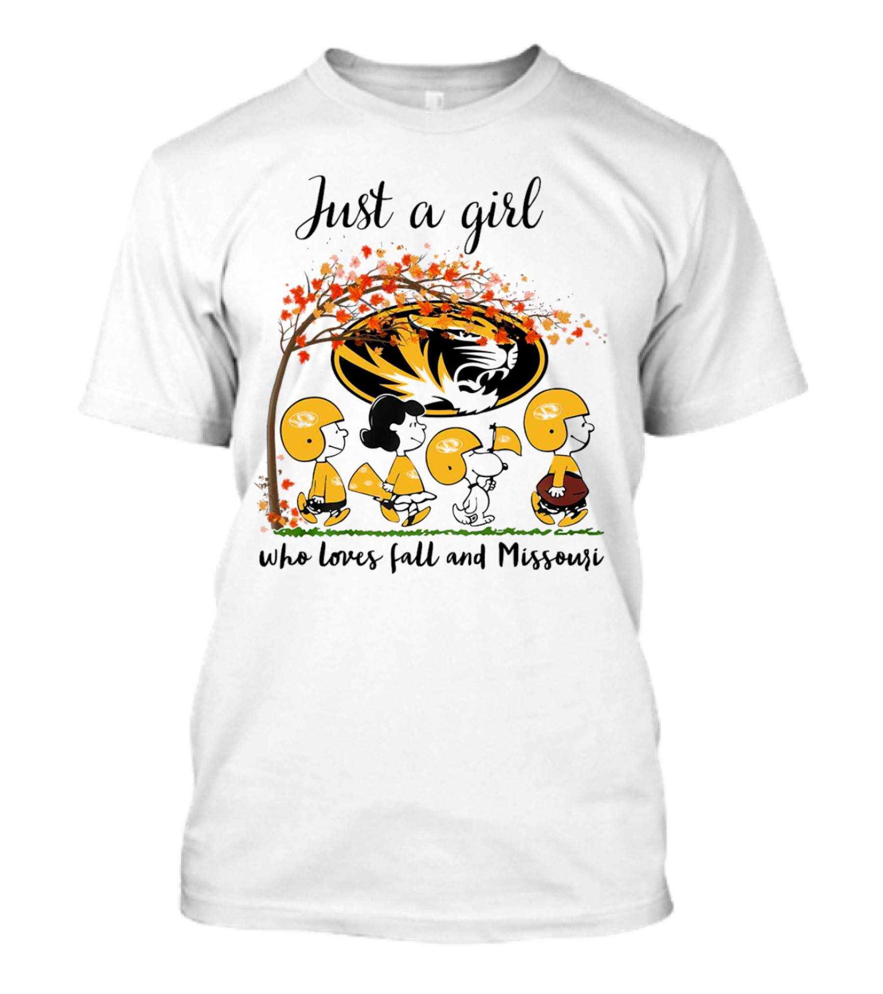 Just A Girl Who Loves Fall And Missouri Peanuts Cartoon Halloween Football Tiger Leaves T-Shirt