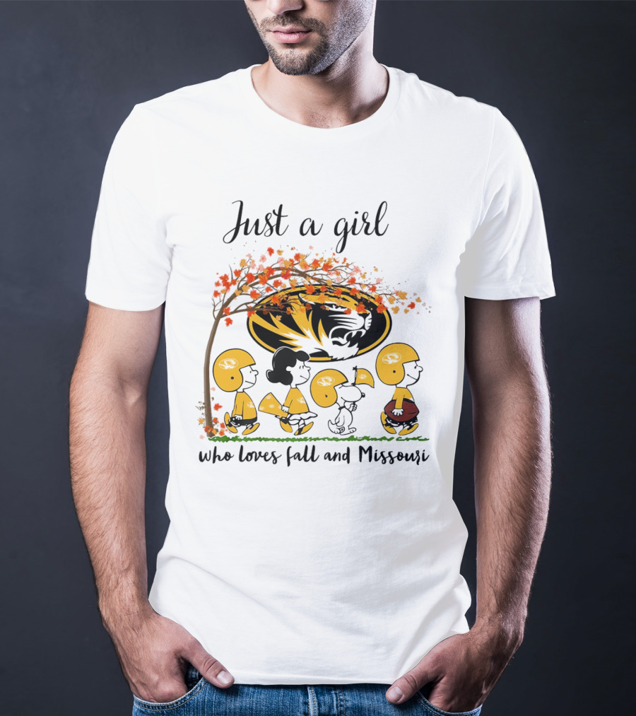 Just A Girl Who Loves Fall And Missouri Peanuts Cartoon Halloween Football Tiger Leaves T-Shirt