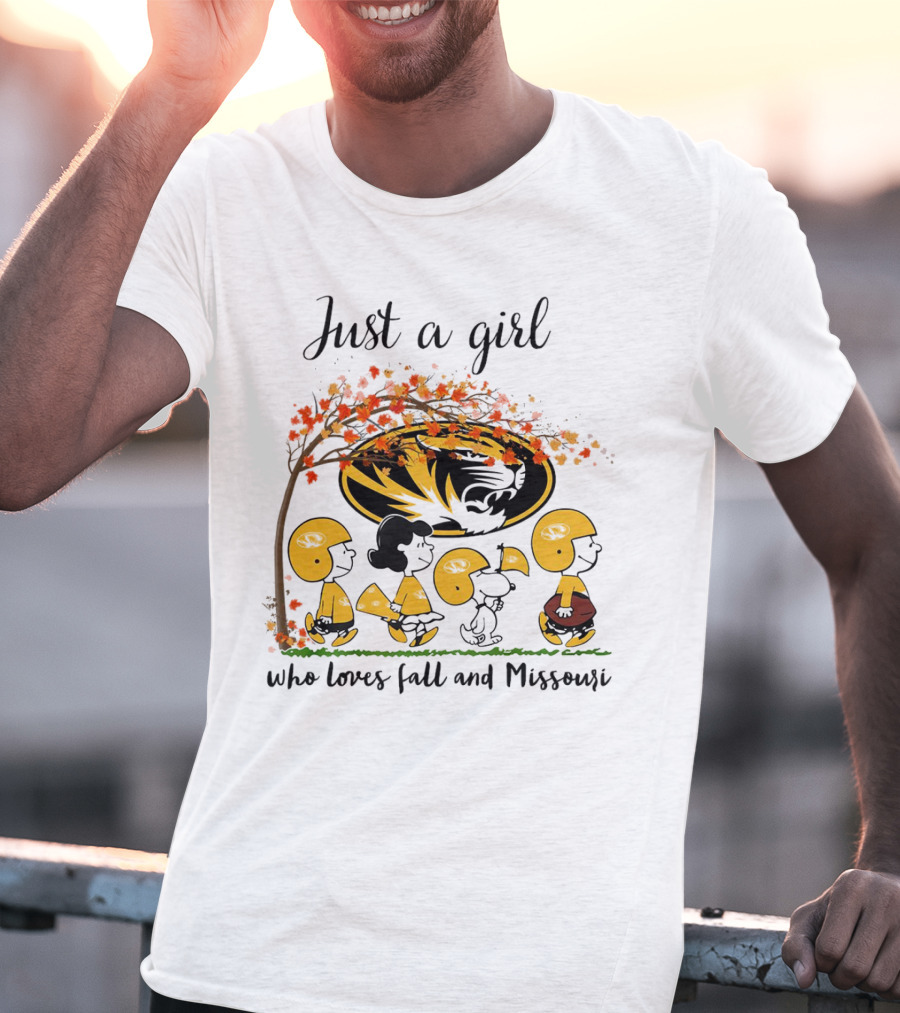 Just A Girl Who Loves Fall And Missouri Peanuts Cartoon Halloween Football Tiger Leaves T-Shirt