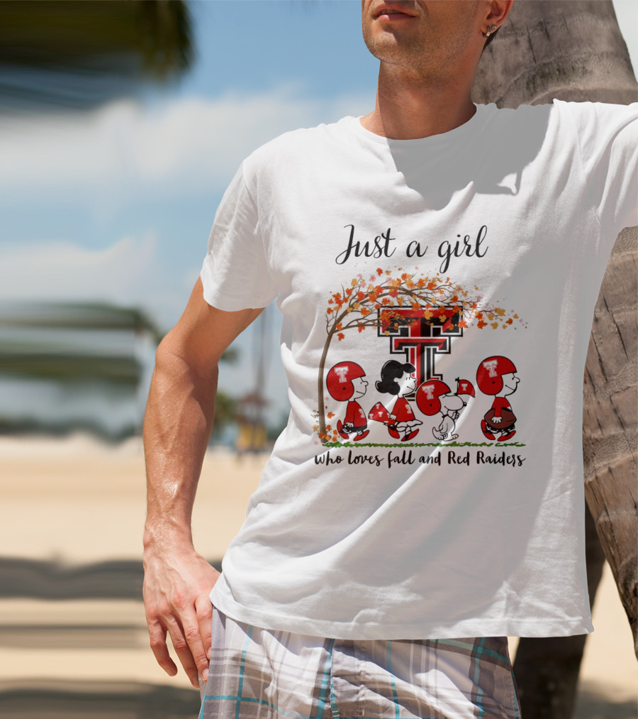 Just A Girl Who Loves Fall And Red Raiders Peanuts Cartoon Football Fans T-Shirt