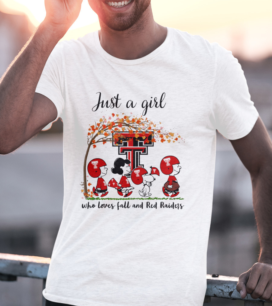 Just A Girl Who Loves Fall And Red Raiders Peanuts Cartoon Football Fans T-Shirt