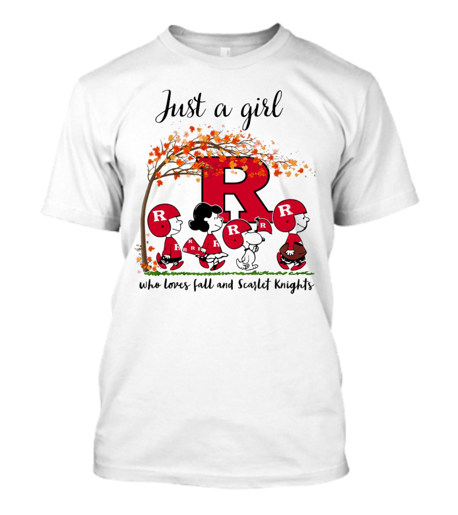 Just A Girl Who Loves Fall Scarlet Knights Peanuts Cartoon T-Shirt