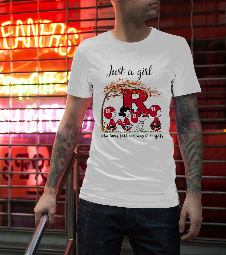 Just A Girl Who Loves Fall Scarlet Knights Peanuts Cartoon T-Shirt