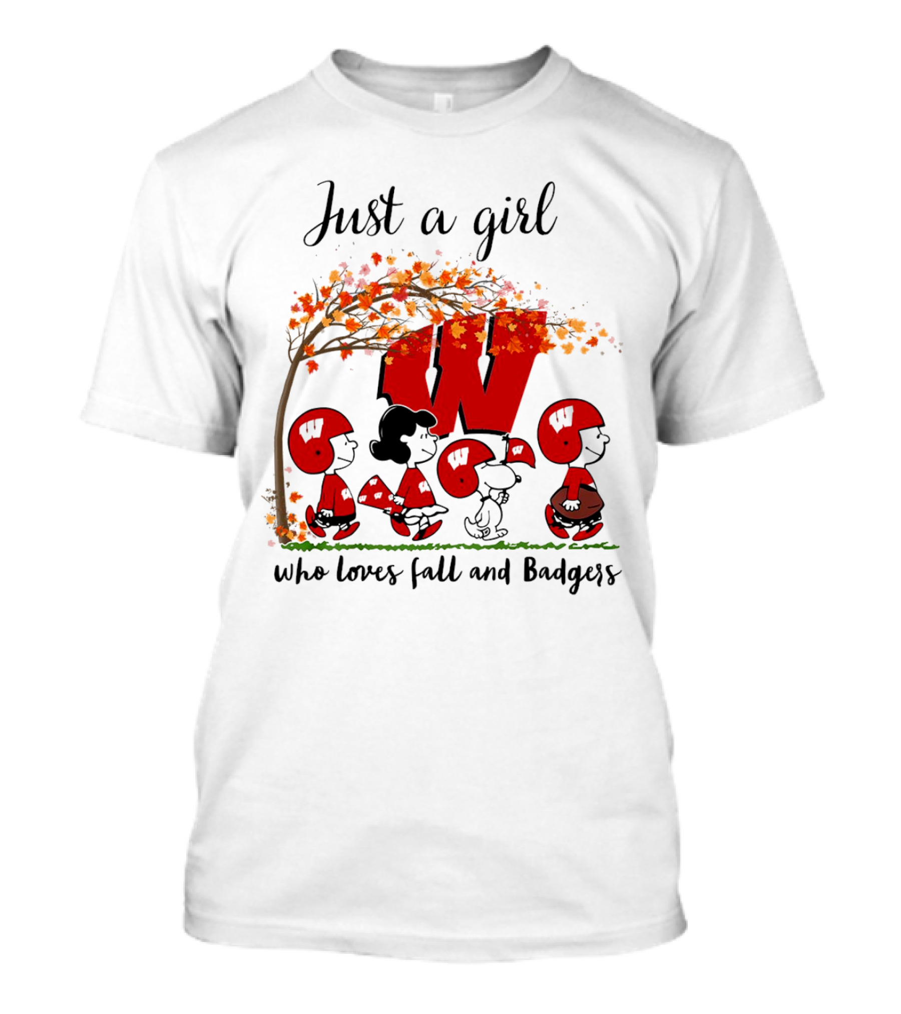 Just A Girl Who Loves Fall And Wisconsin Badgers Peanuts Cartoon T-Shirt