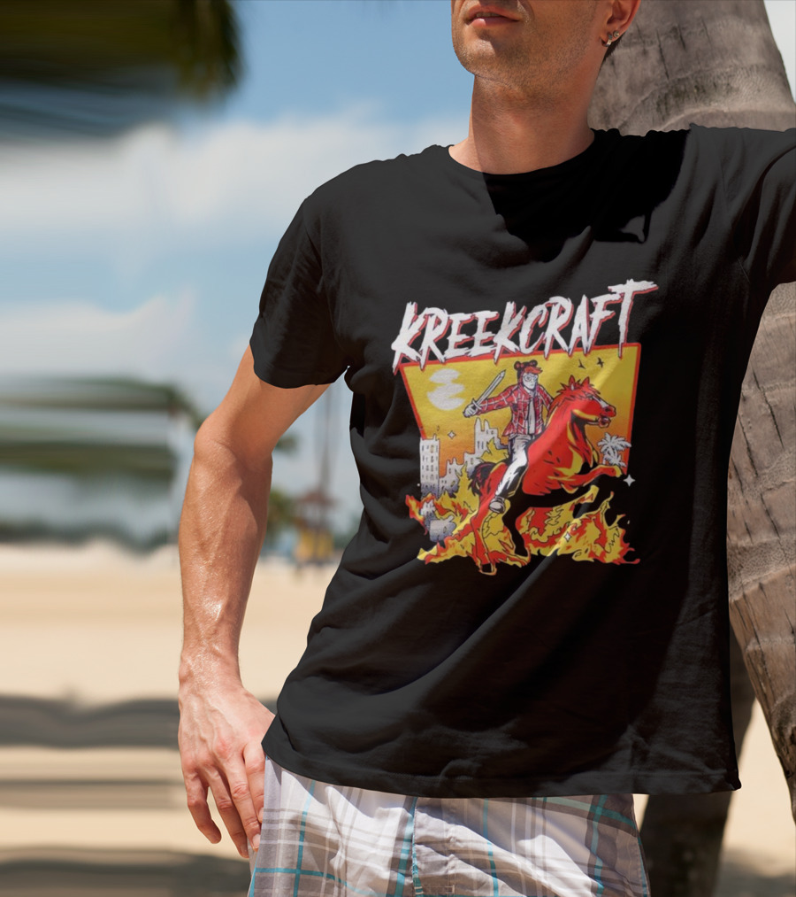 Kreekcraft Warrior Riding Fiery Horse In Urban Landscape T-Shirt