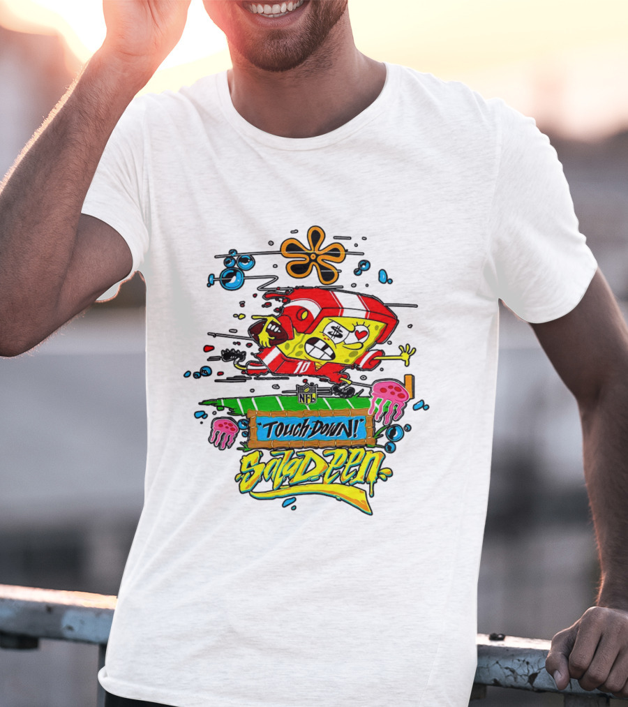 NFL Junk Food SpongeBob X King Saladeen Touchdown Saladeen Graffiti Art Football Character Burst T-Shirt