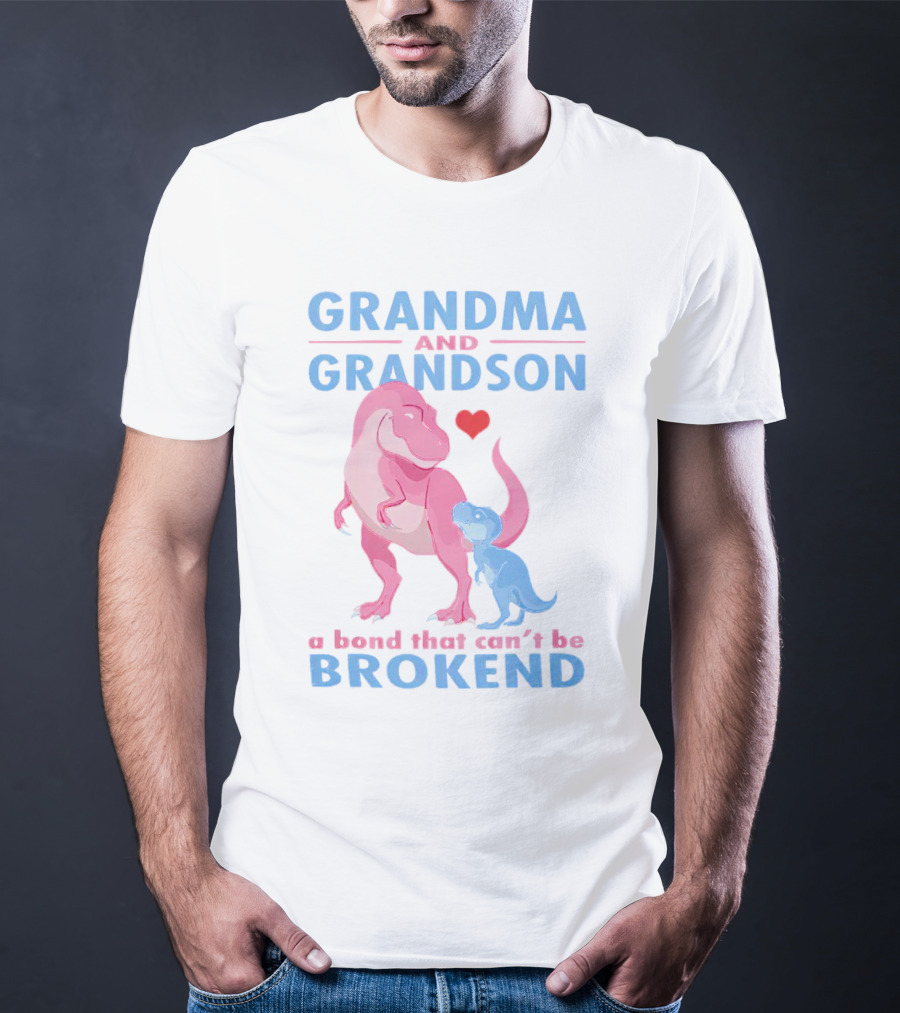Grandma And Grandson A Bond That Can't Be Broken With Pink And Blue Dinosaurs And Heart T-Shirt