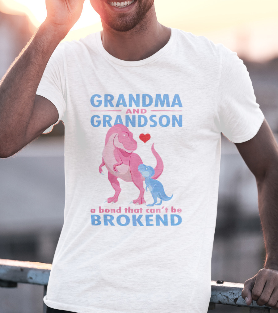 Grandma And Grandson A Bond That Can't Be Broken With Pink And Blue Dinosaurs And Heart T-Shirt