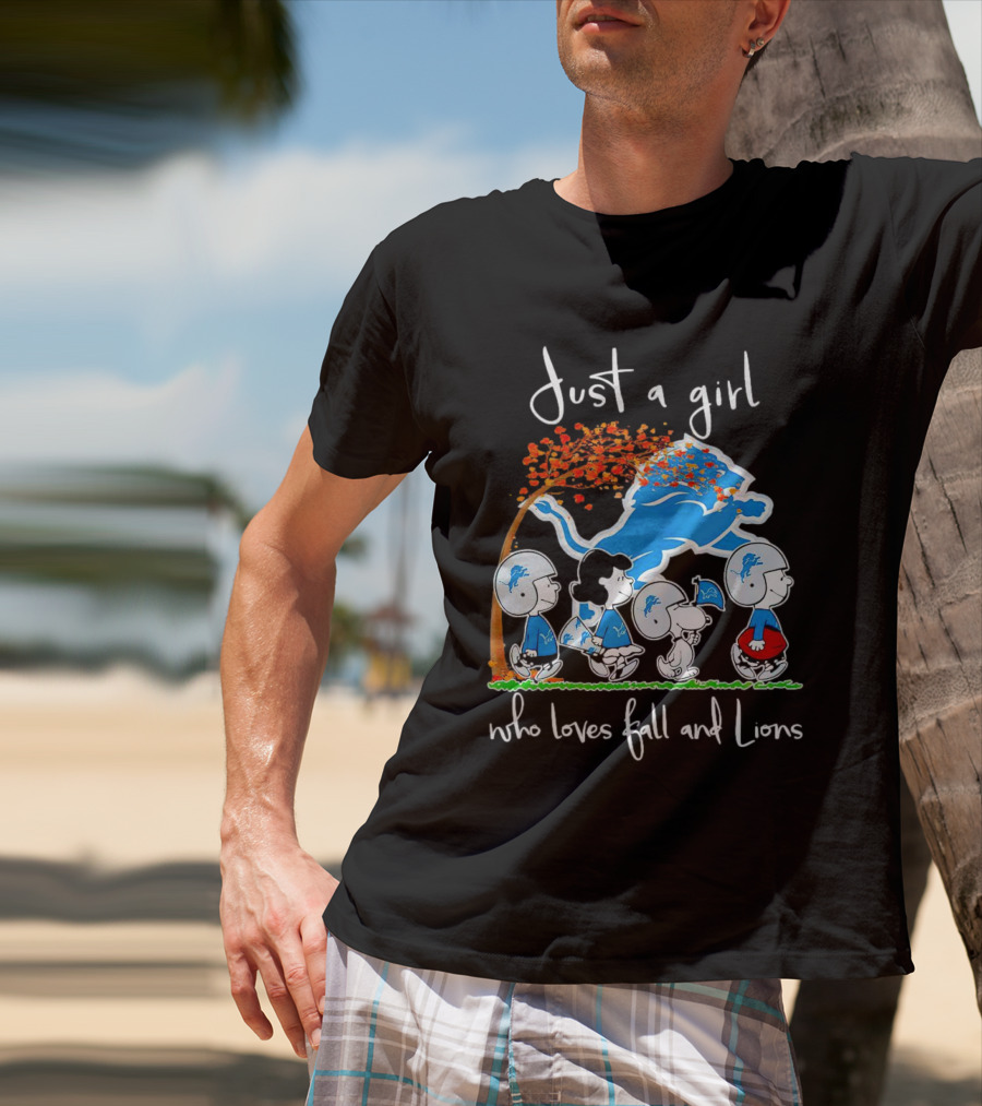 Snoopy Peanuts Just A Girl Who Loves Fall And Detroit Lions Football T-Shirt