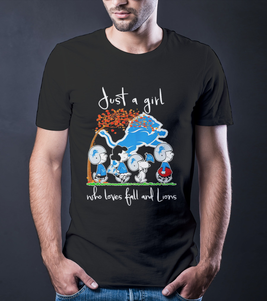 Snoopy Peanuts Just A Girl Who Loves Fall And Detroit Lions Football T-Shirt