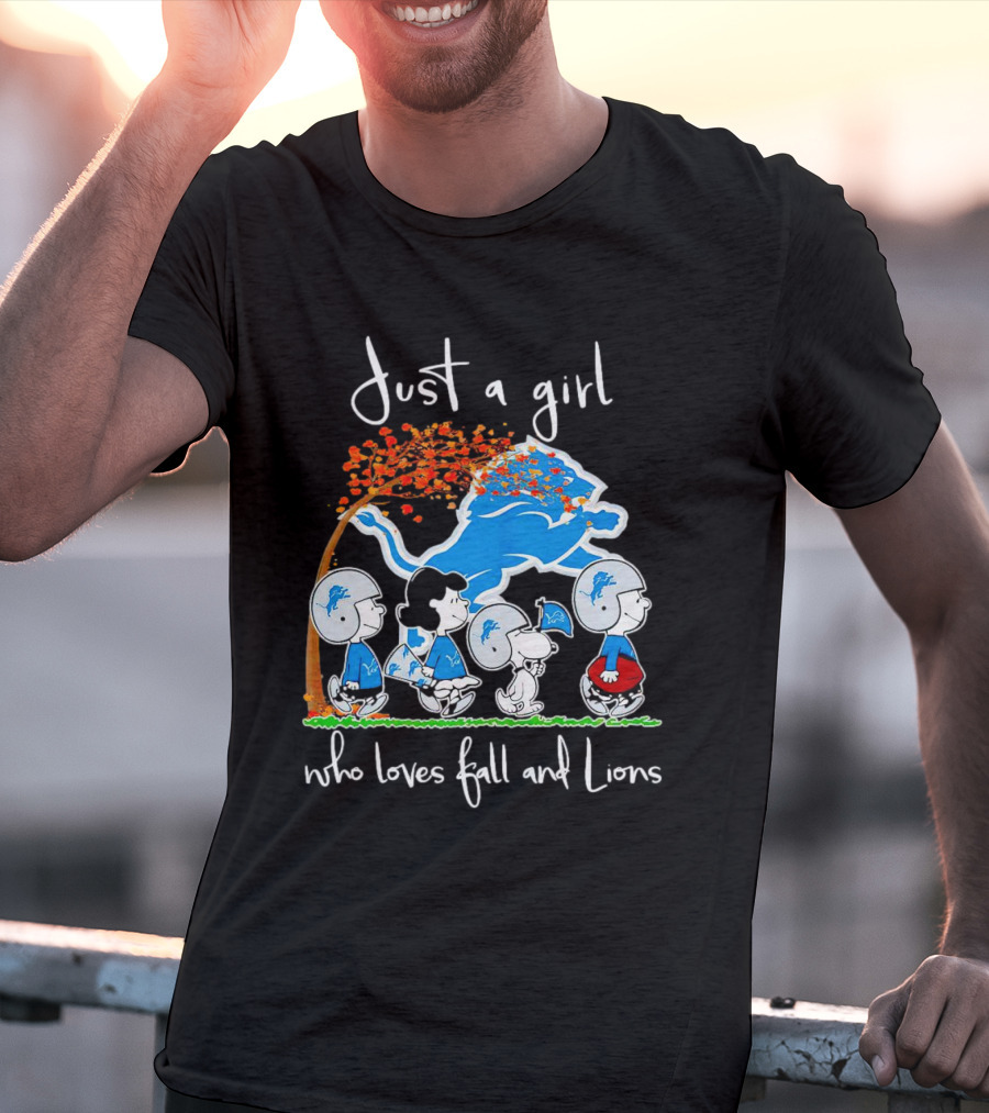 Snoopy Peanuts Just A Girl Who Loves Fall And Detroit Lions Football T-Shirt