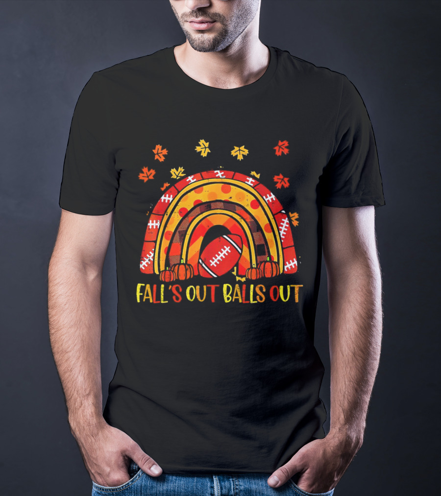 Fall's Out Balls Out Rainbow American Football Autumn Leaves T-Shirt