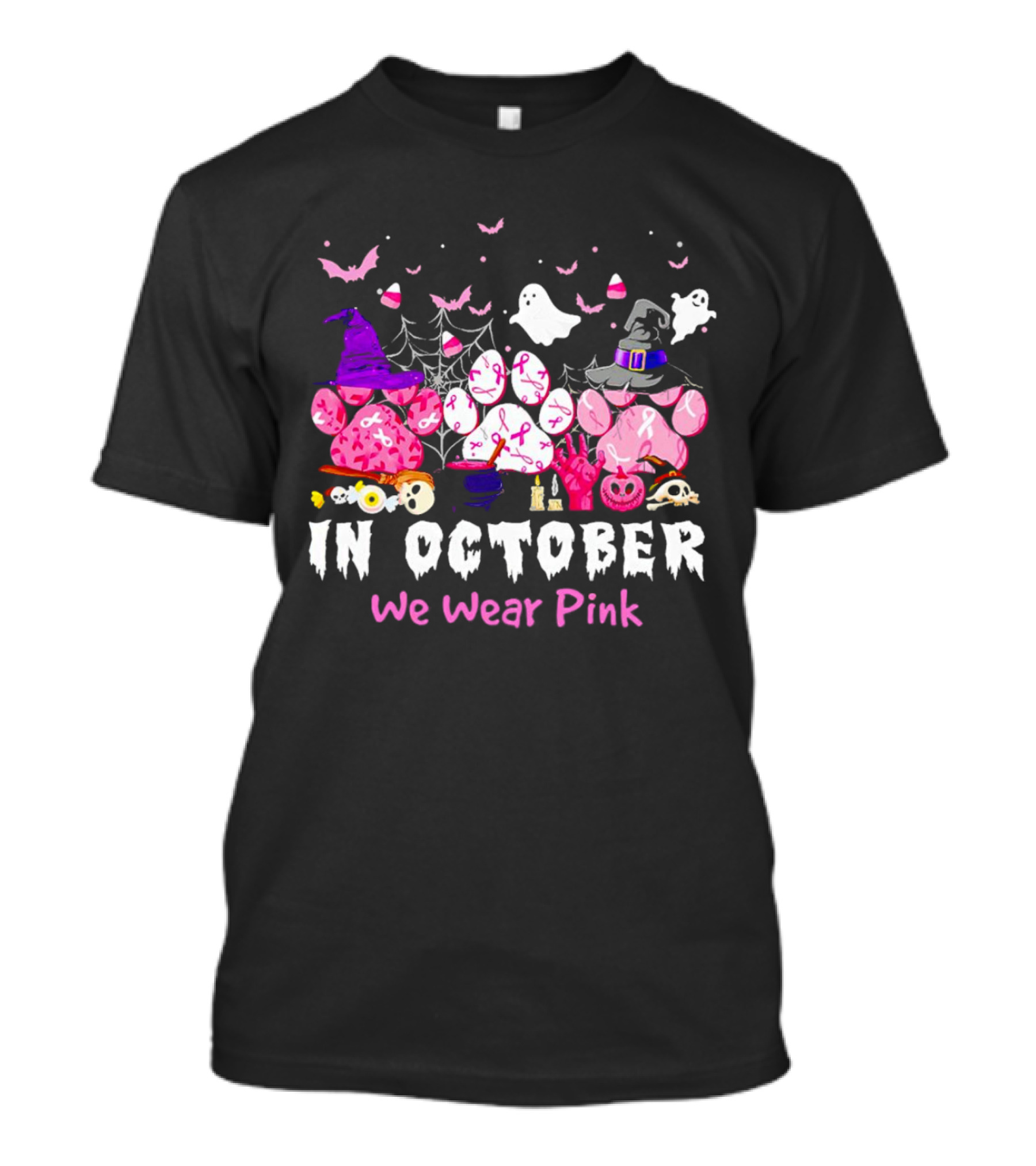 In October We Wear Pink Halloween Dog Paws Ghost Witch Hat T-Shirt