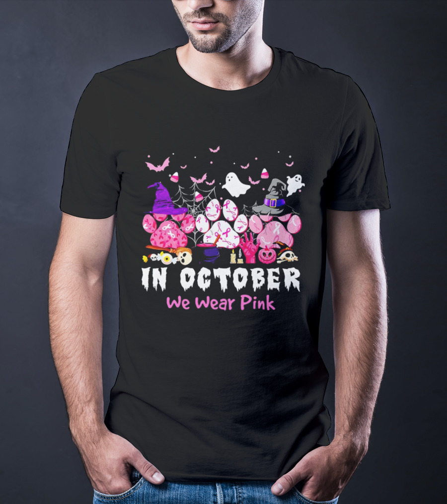 In October We Wear Pink Halloween Dog Paws Ghost Witch Hat T-Shirt