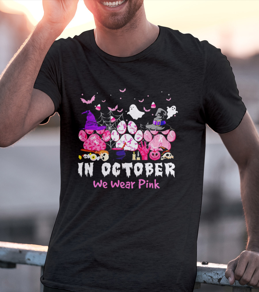 In October We Wear Pink Halloween Dog Paws Ghost Witch Hat T-Shirt