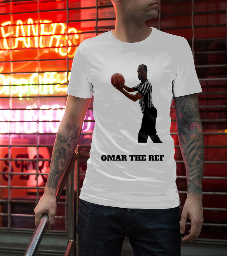 Omar The Ref Holding Basketball In Striped Uniform T-Shirt