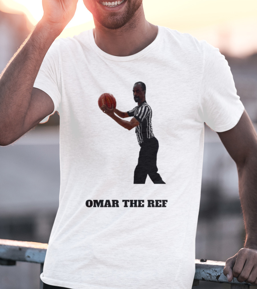 Omar The Ref Holding Basketball In Striped Uniform T-Shirt