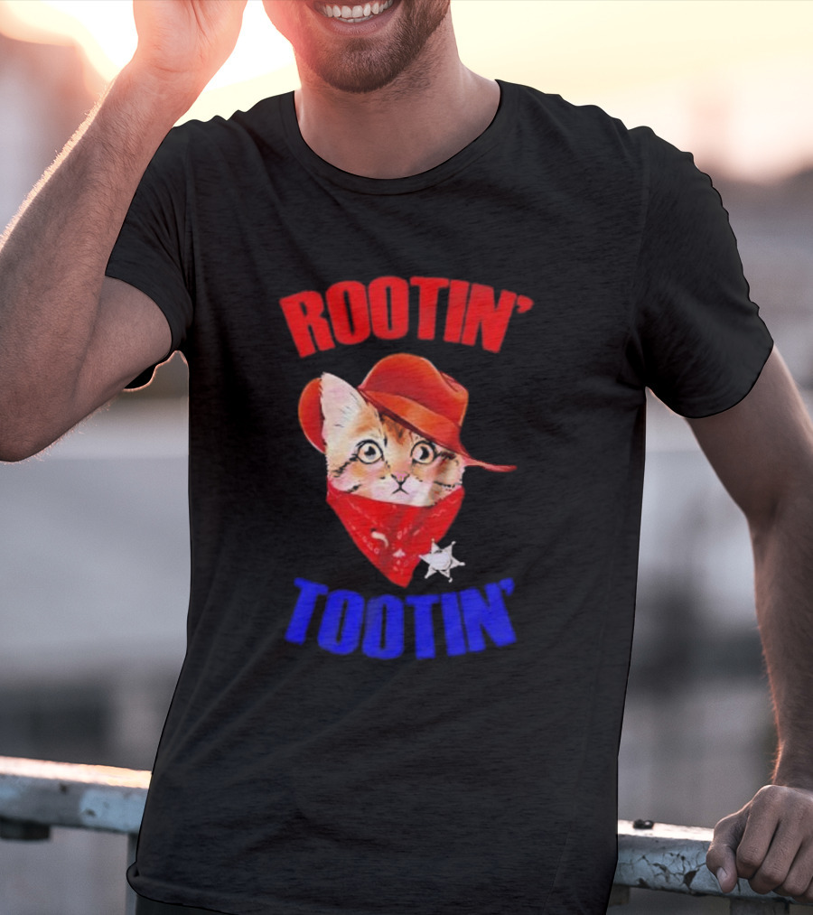 Rootin Tootin Cat Cowboy Vintage Red Hat And Bandana With Sheriff Star T-Shirt