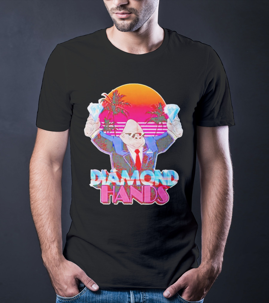 Diamond Hands Gorilla In Suit With Dollars And Vintage Sunset Background T-Shirt