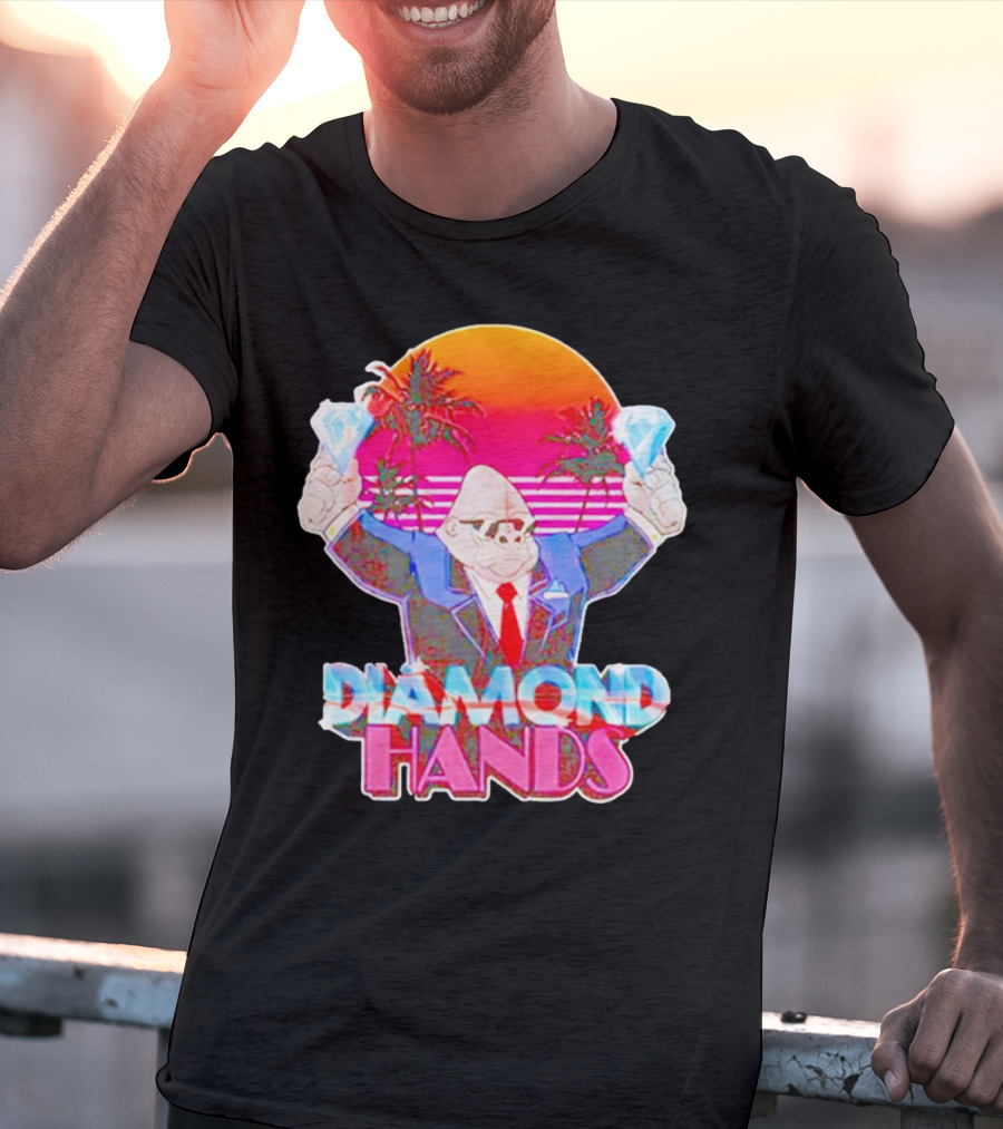 Diamond Hands Gorilla In Suit With Dollars And Vintage Sunset Background T-Shirt