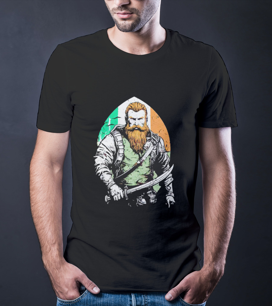 Irish American Pride Warrior With Sword And Flag Background T-Shirt