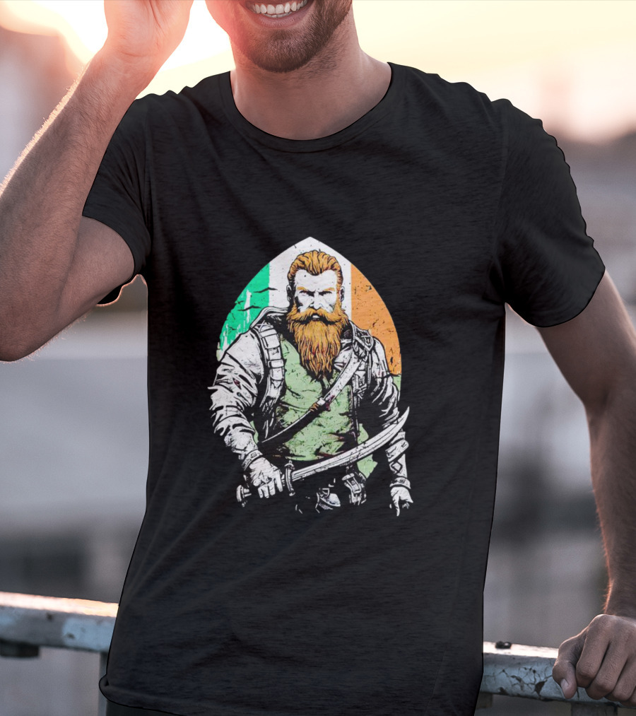Irish American Pride Warrior With Sword And Flag Background T-Shirt