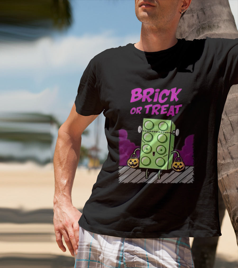 Brick Or Treat Halloween Green Block With Jack-o'-Lanterns Cartoon T-Shirt