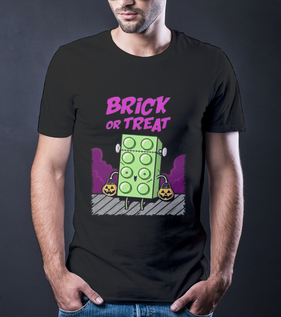 Brick Or Treat Halloween Green Block With Jack-o'-Lanterns Cartoon T-Shirt