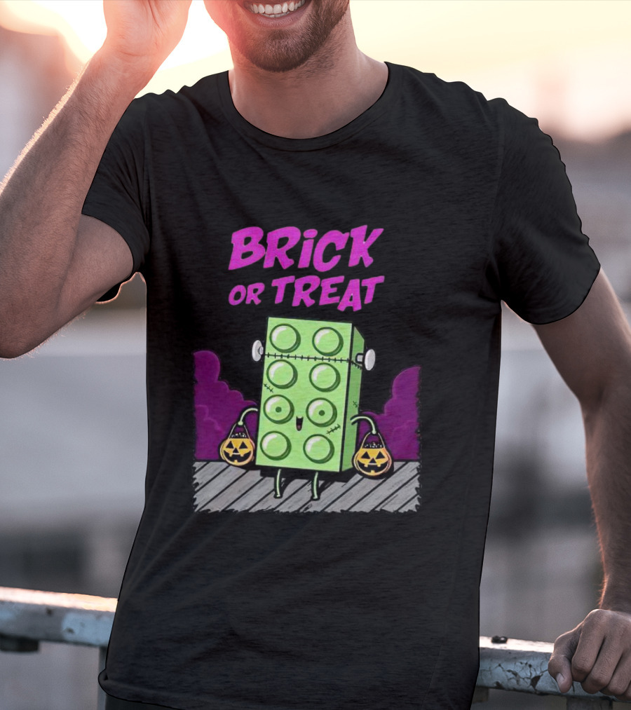 Brick Or Treat Halloween Green Block With Jack-o'-Lanterns Cartoon T-Shirt