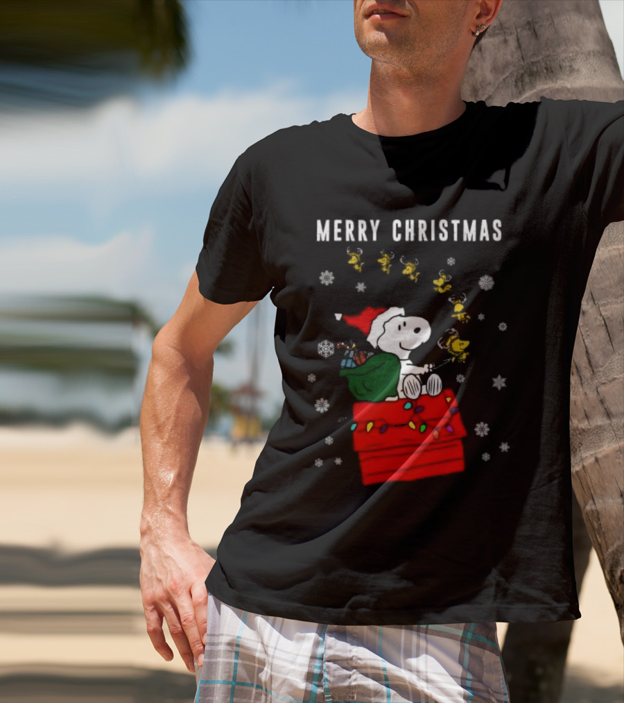 Merry Christmas Snoopy Santa On Doghouse With Reindeer And Snowflakes T-Shirt