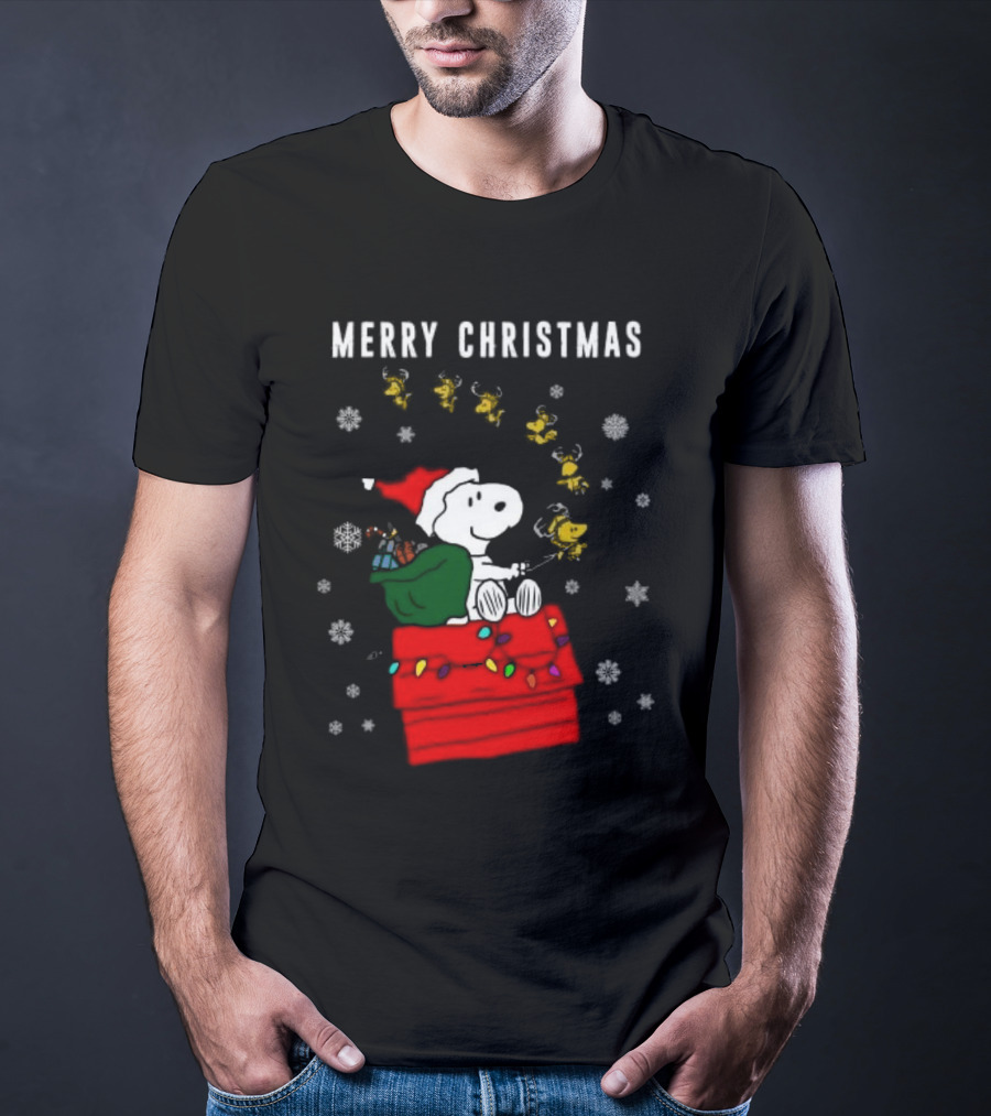 Merry Christmas Snoopy Santa On Doghouse With Reindeer And Snowflakes T-Shirt