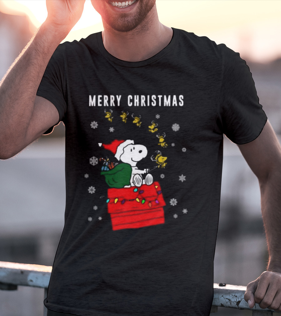 Merry Christmas Snoopy Santa On Doghouse With Reindeer And Snowflakes T-Shirt