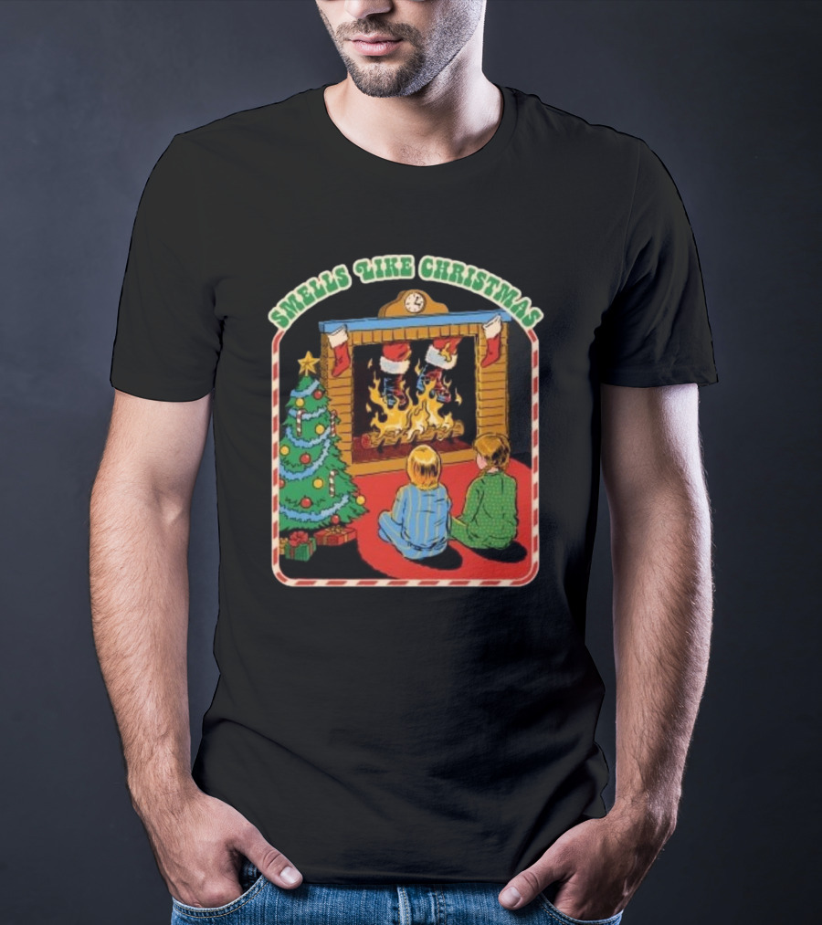 Smells Like Christmas By The Fireplace With Christmas Tree And Stockings T-Shirt