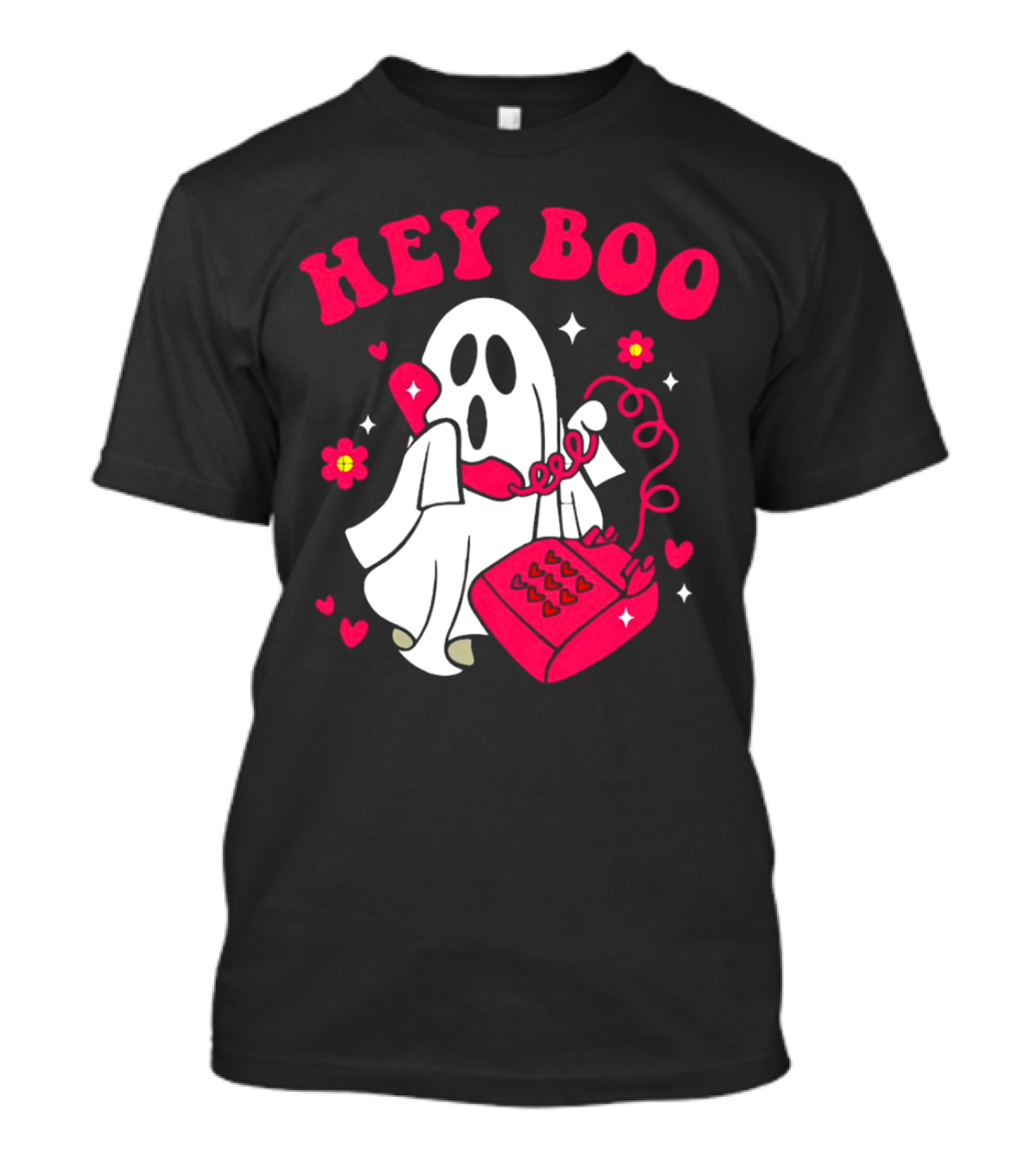 Hey Boo Ghost Talking On Pink Phone With Hearts And Flowers Halloween T-Shirt
