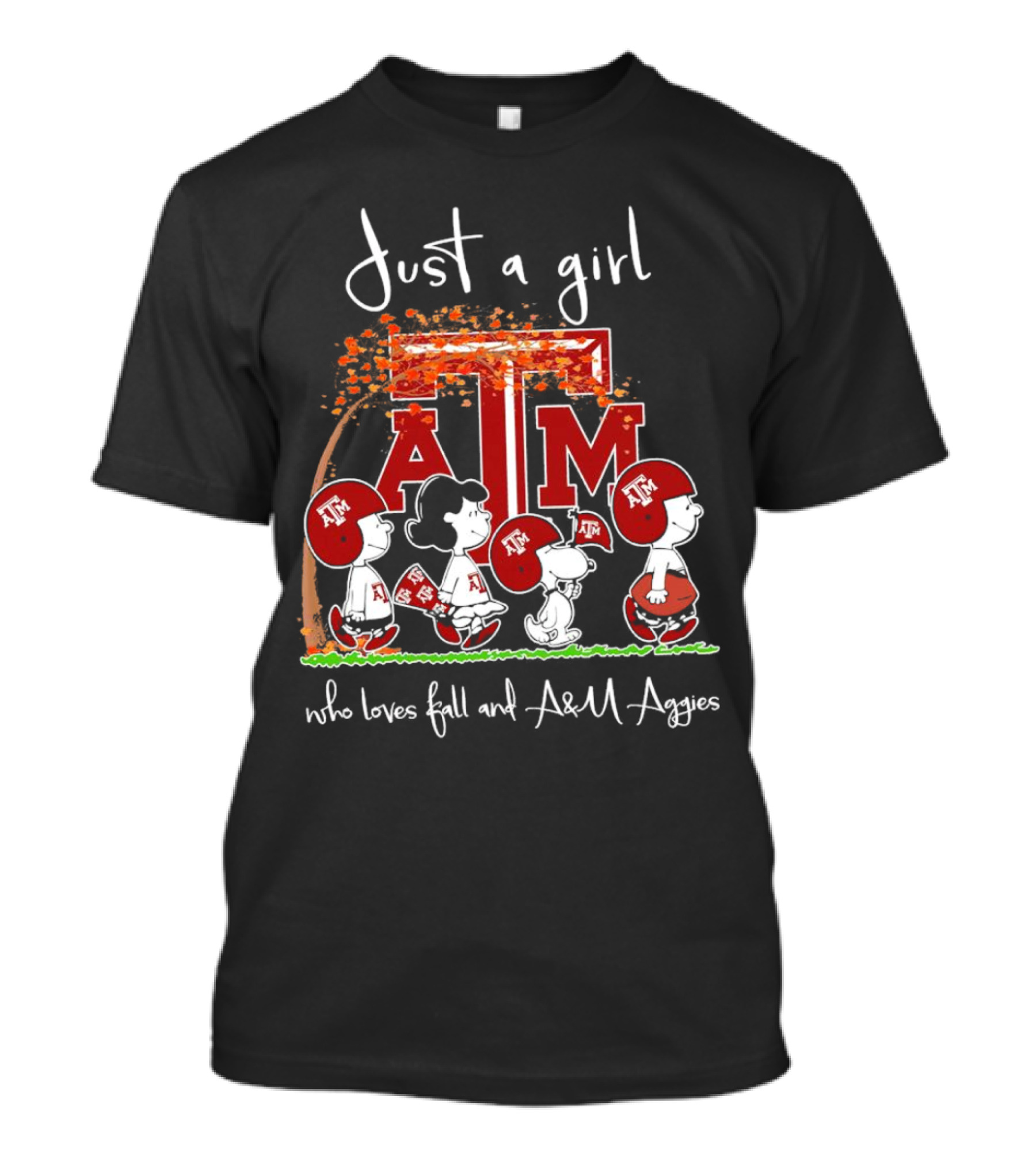 Just A Girl Who Loves Fall And Texas A&M Aggies With Peanuts Characters T-Shirt