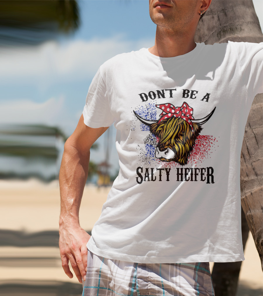 Don't Be A Salty Heifer Highland Cow With American Flag Colors T-Shirt