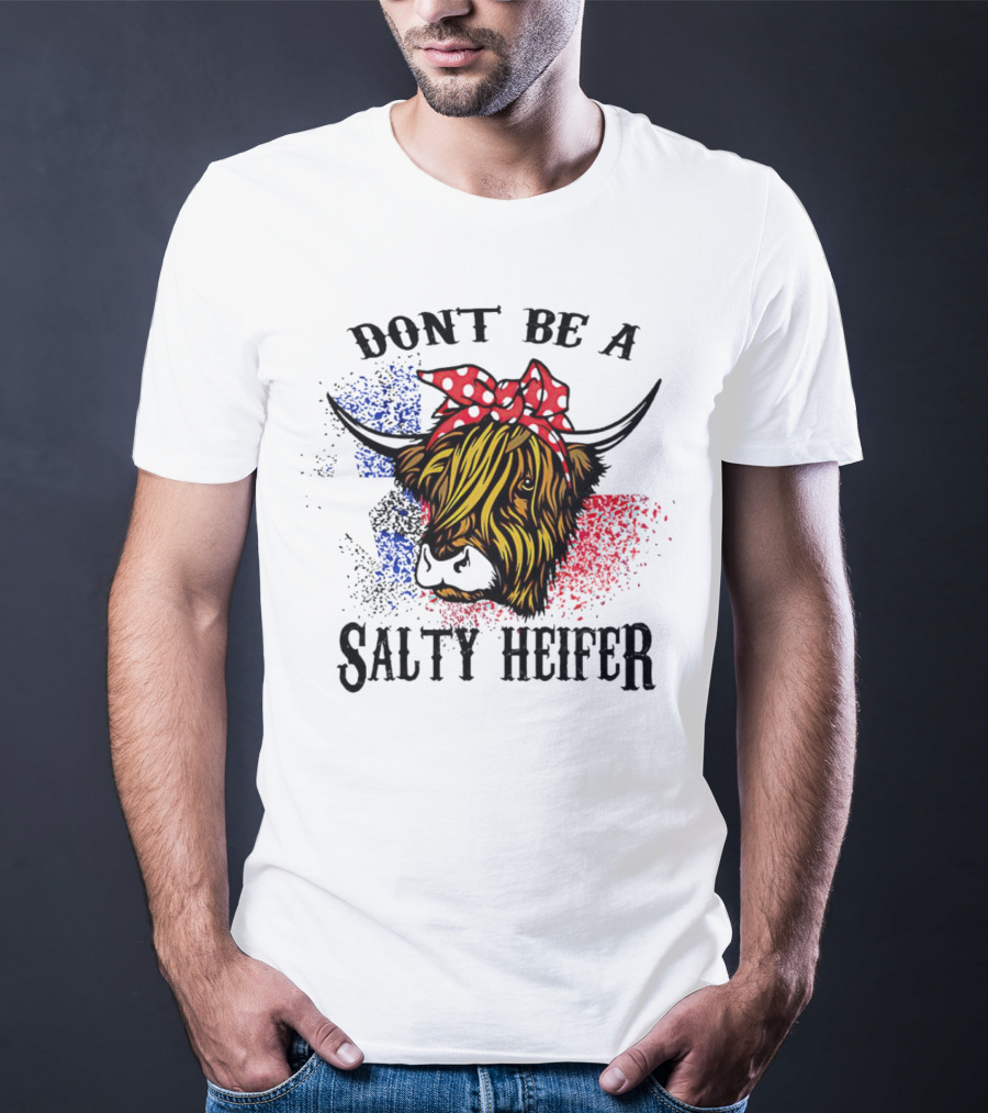 Don't Be A Salty Heifer Highland Cow With American Flag Colors T-Shirt