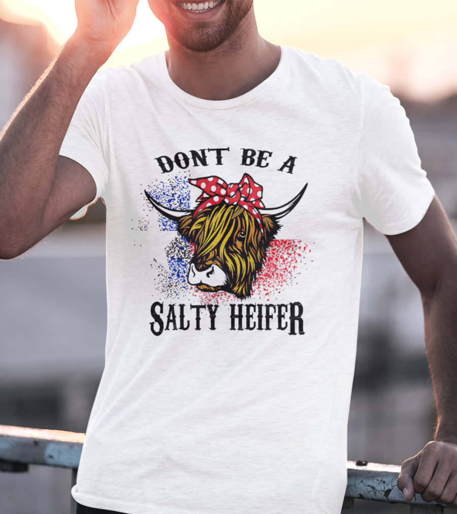 Don't Be A Salty Heifer Highland Cow With American Flag Colors T-Shirt