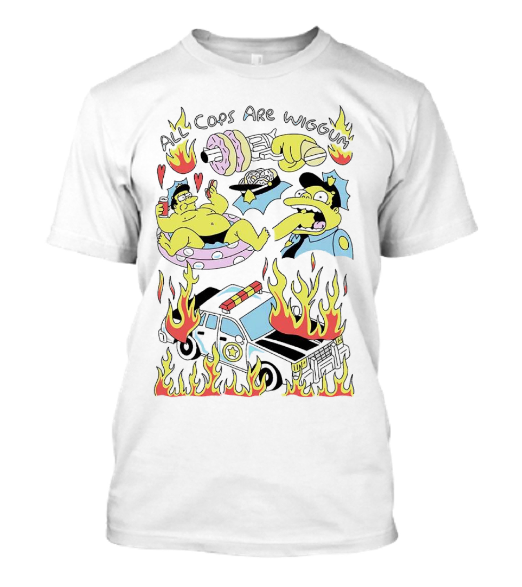 The Simpsons All Cops Are Wiggum Donuts Fire Flames Police Car T-Shirt