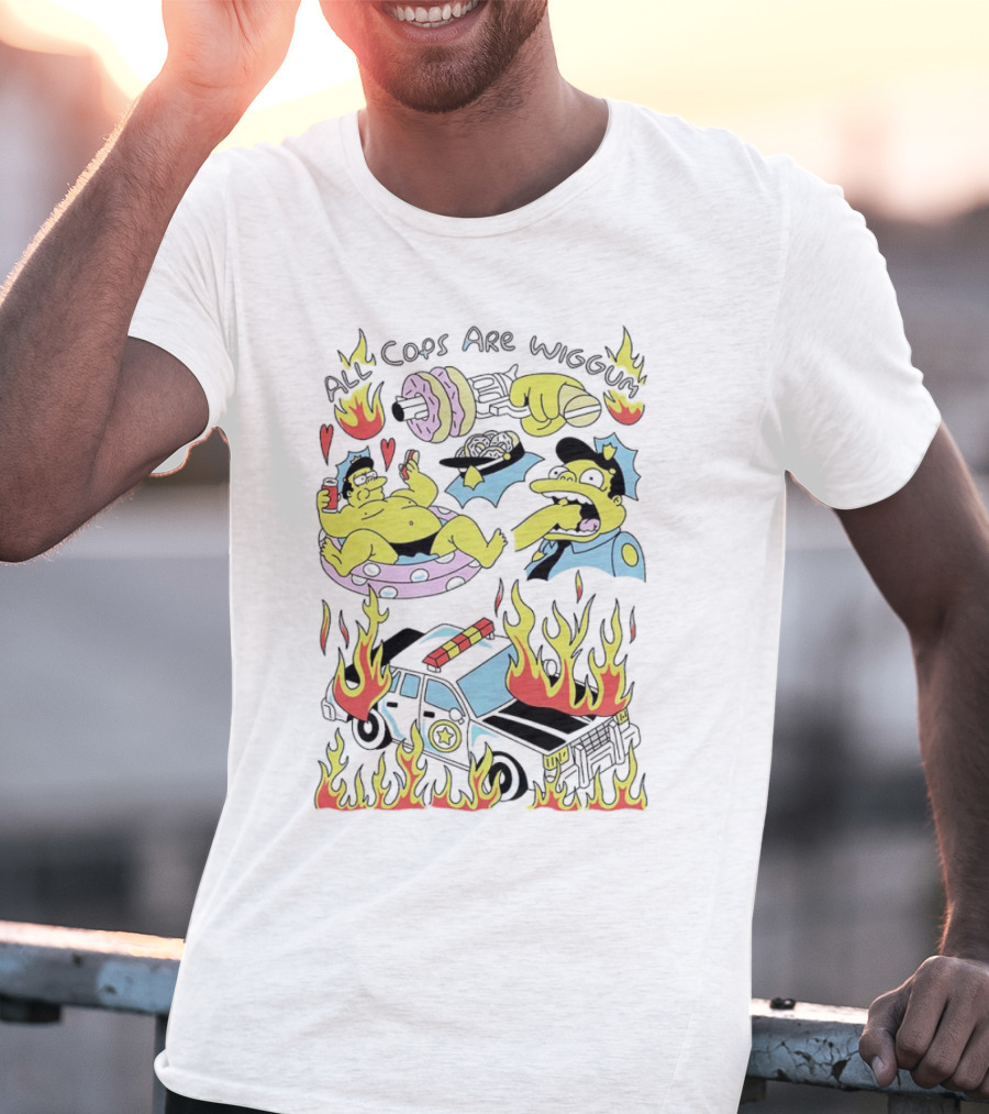 The Simpsons All Cops Are Wiggum Donuts Fire Flames Police Car T-Shirt