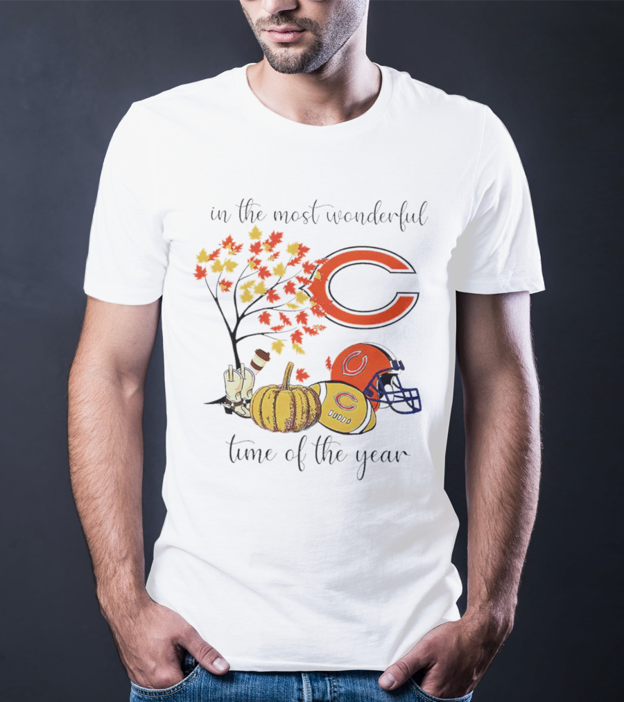 In The Most Wonderful Time Of The Year Chicago Bears Thanksgiving Helmets And Autumn Leaves T-Shirt