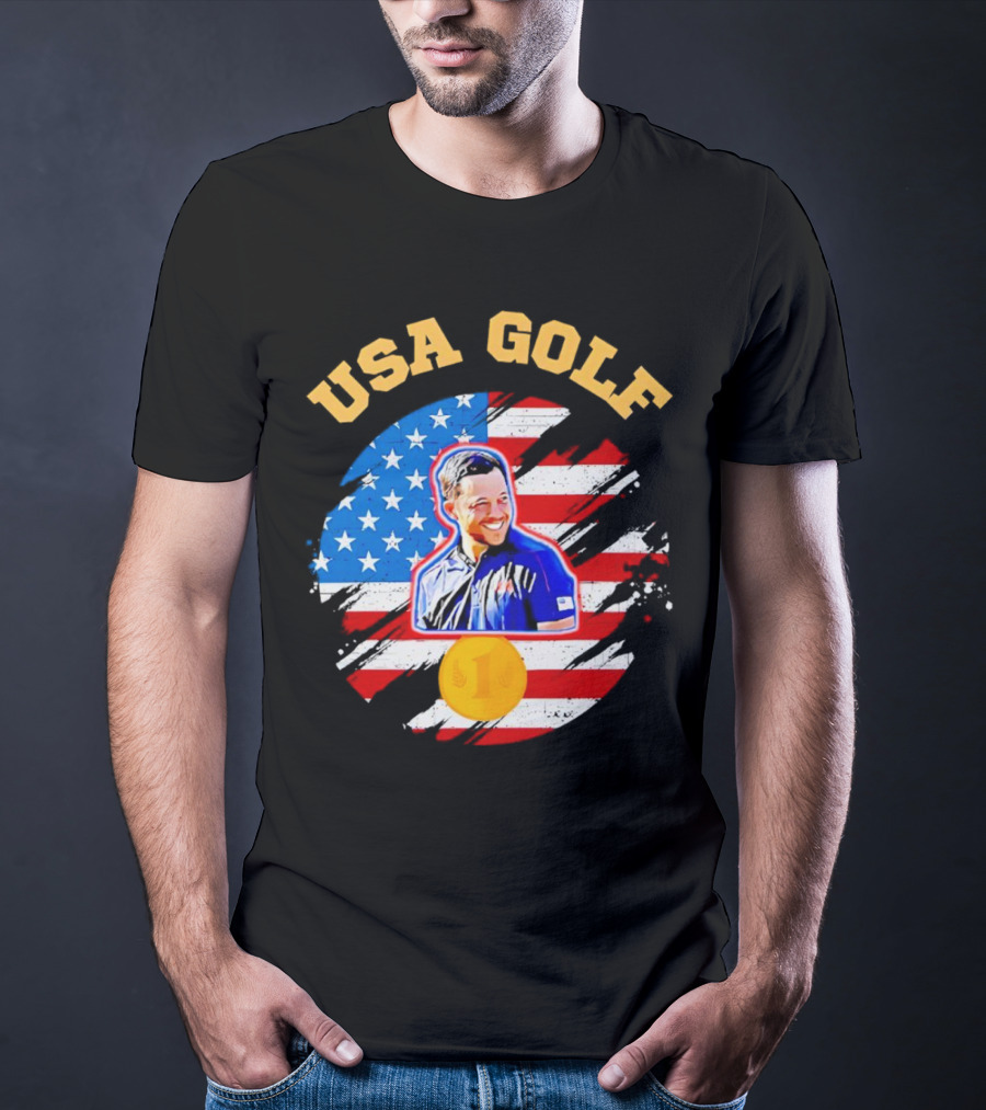 USA Golf Xander Schauffele USA Flag Gold Medal T-Shirt