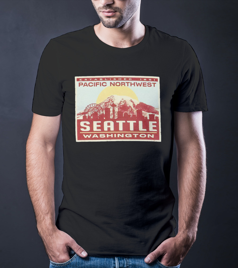 Seattle Pacific Northwest Established 1851 Washington Skyline Ferris Wheel Sun Mountain T-Shirt