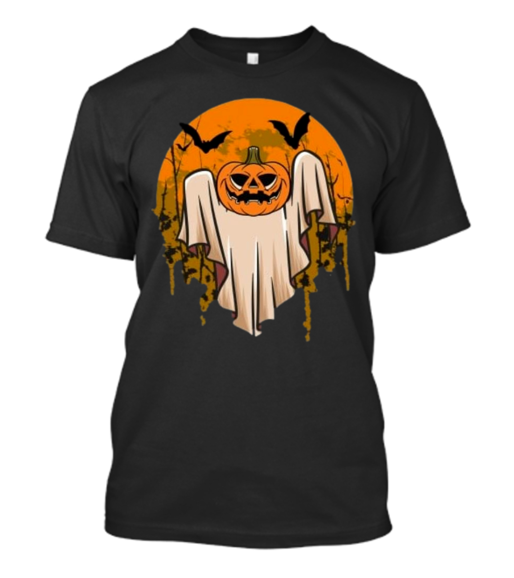 Ghostly Pumpkin Head With Bats And Full Moon T-Shirt