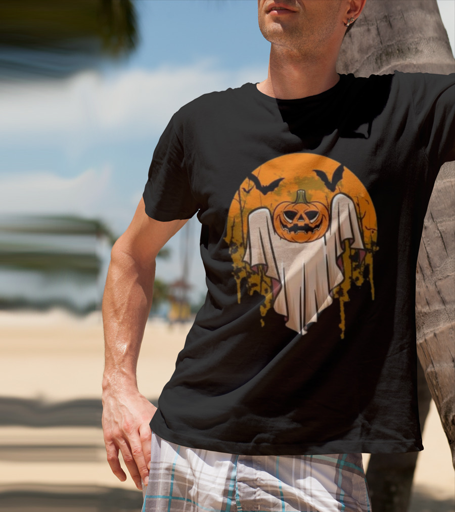 Ghostly Pumpkin Head With Bats And Full Moon T-Shirt