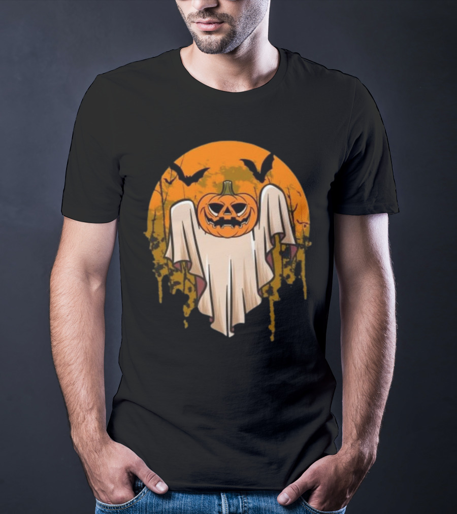 Ghostly Pumpkin Head With Bats And Full Moon T-Shirt